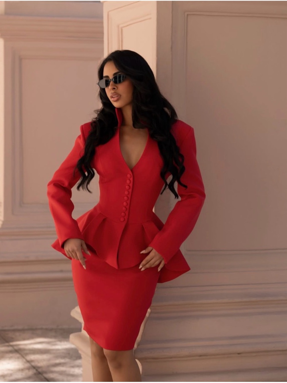 Elegant Red Peplum Skirt Set